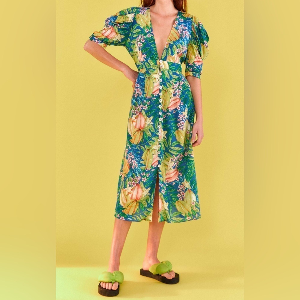Farm Rio Floral Midi Dress Short Sleeve Beach Resort Euro Summer XS
